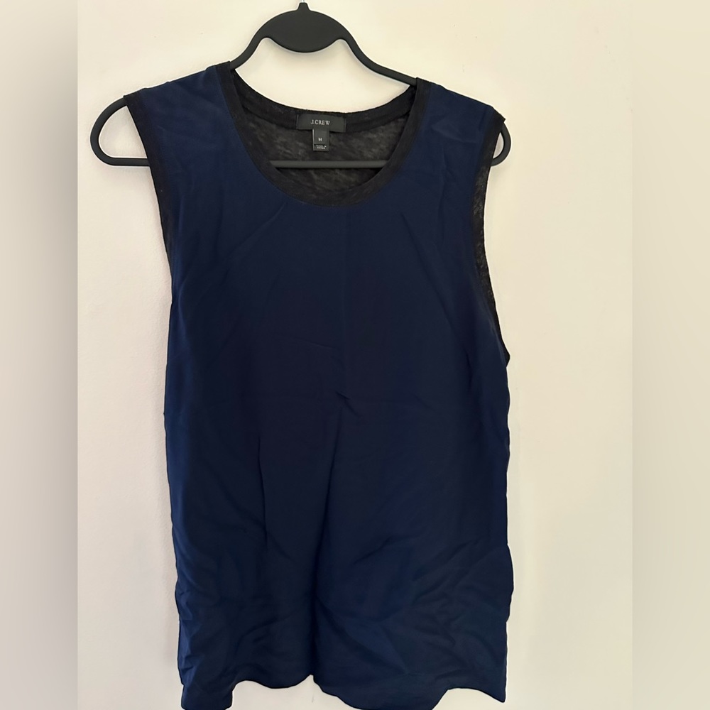 JCrew mixed material tank top. Navy silky front, black/gray cotton back. Sized M
